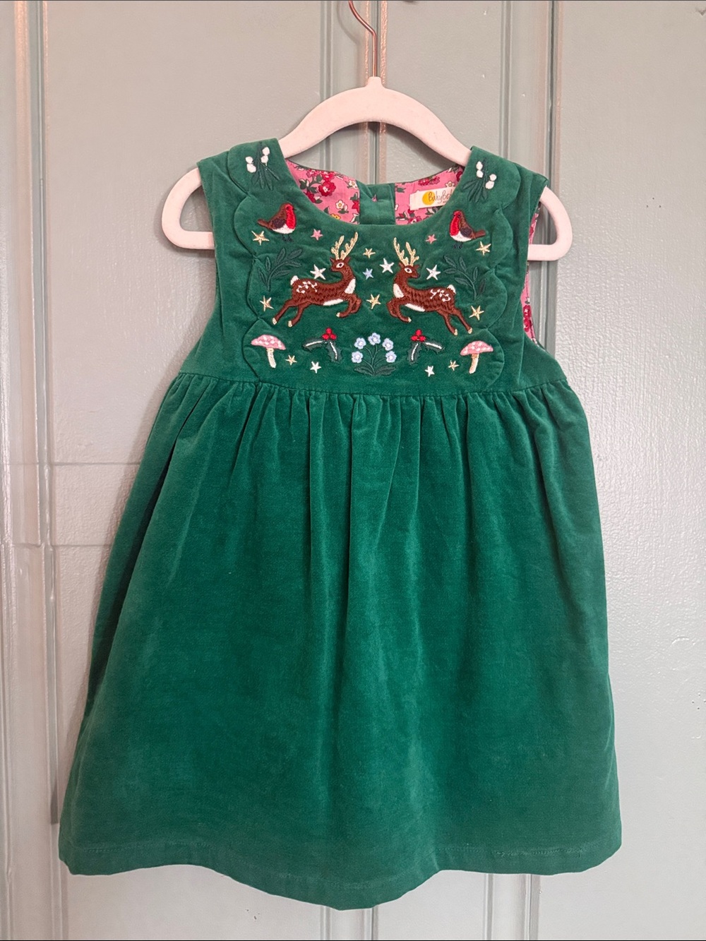 Baby Boden Emerald Green Velvet Embroidered Deer Dress 2-3 year